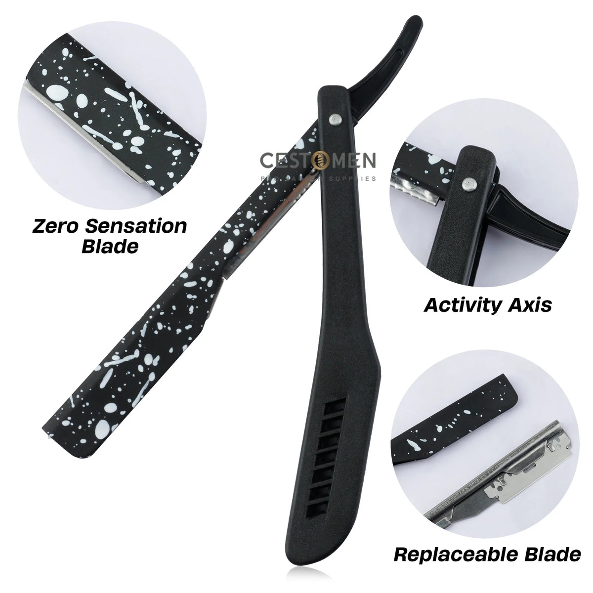 A black folding shaving razor with a zero sensation blade, activity axis, and replaceable blade shown in detail.