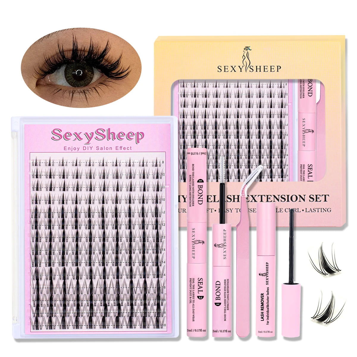 A set of SexySheep DIY natural eyelash extension kit including lash remover and glue