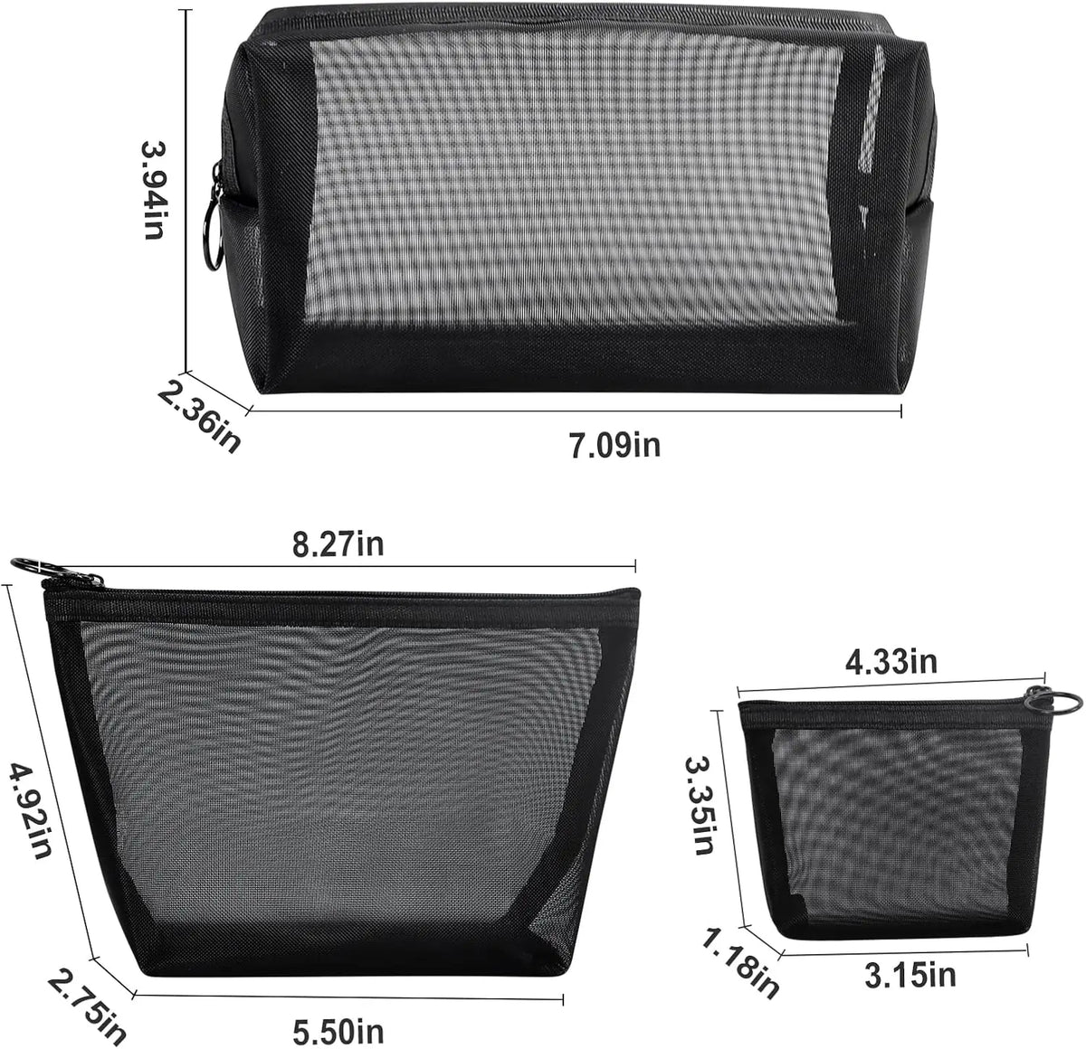 Trois sacs cosmétiques noirs en filet, montrés sous différents angles et tailles pour le voyage