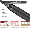 Close-up of an electric sonic dental scaler kit showing three modes: Soft, Normal, and Strong for cleaning teeth.