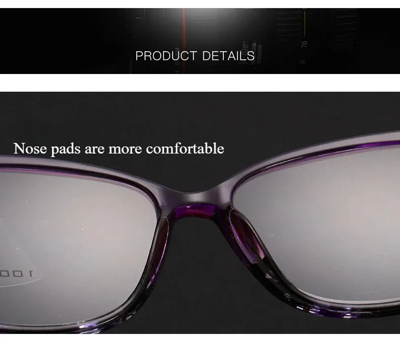 A close-up view of purple progressive multifocal reading glasses with comfortable nose pads.