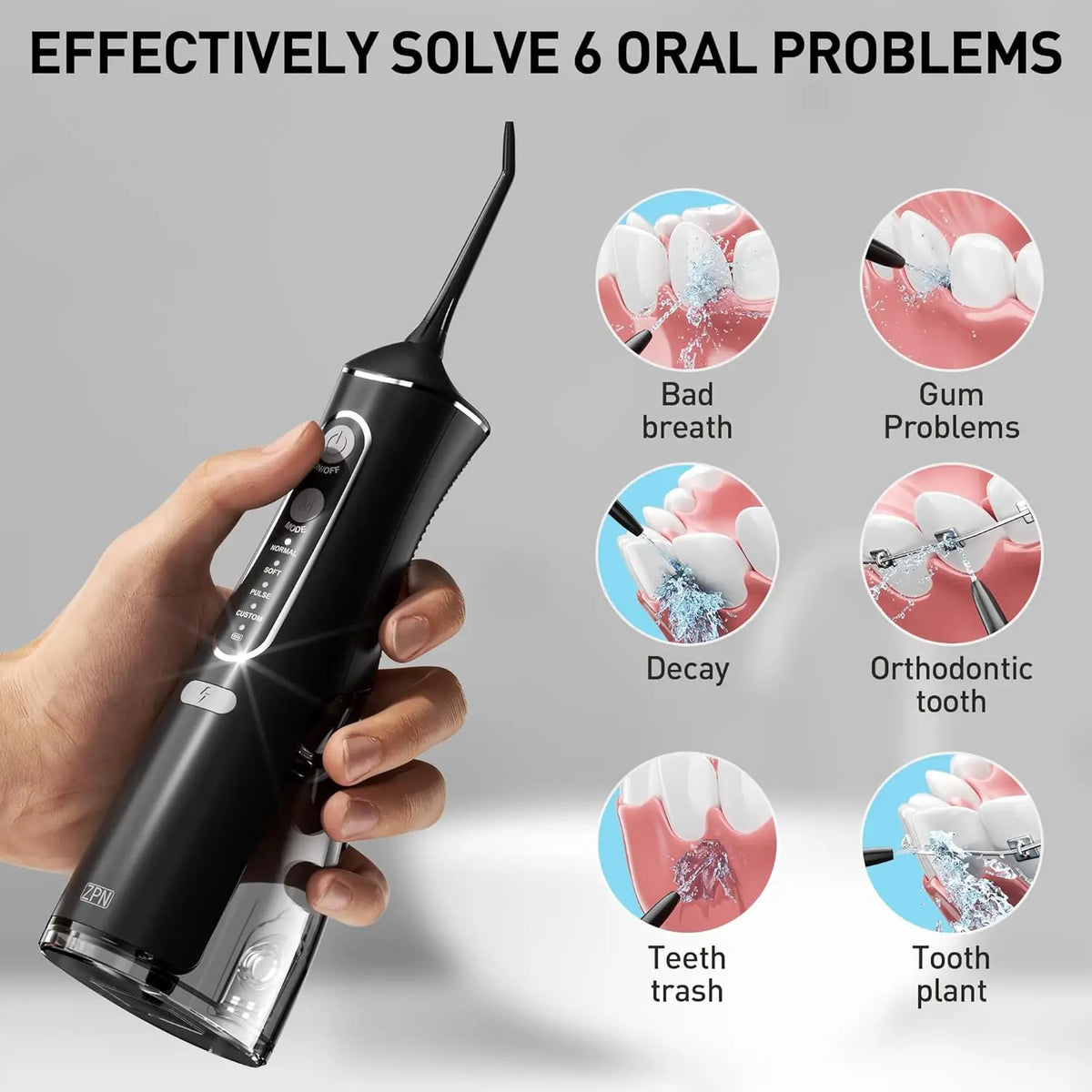 A hand holds a black portable oral irrigator device, demonstrating its use for cleaning various oral problems.