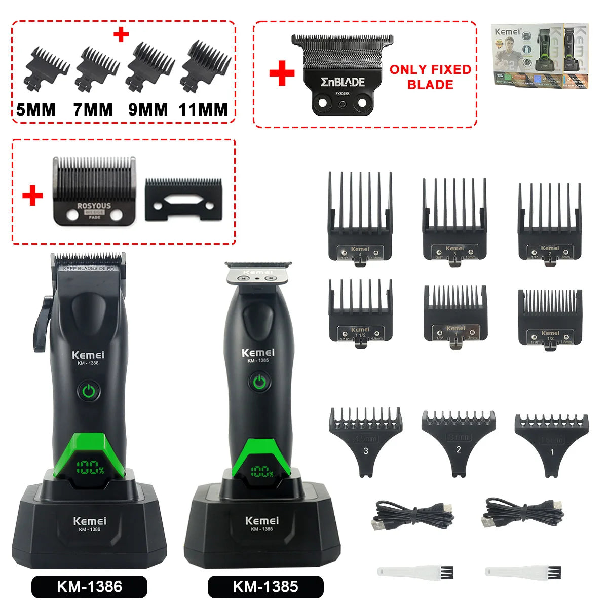 Set of Kemel electric hair trimmers and blades with various sizes and attachments