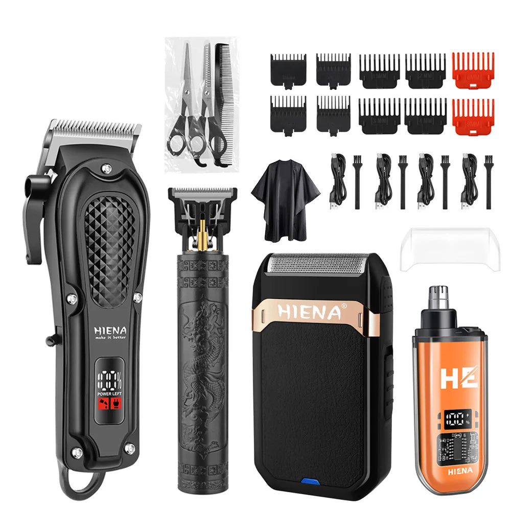 A set of professional cordless electric hair trimmers and grooming tools including clippers and combs.