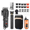 A collection of professional cordless hair trimmer grooming tools including clippers, combs, and a main trimmer unit.
