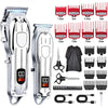 A set of professional cordless hair clipper and trimmer tools with various guard attachments and charging cables.
