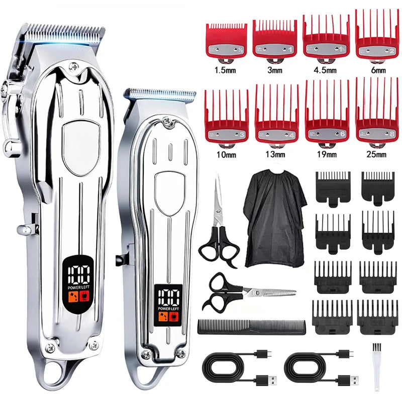 A set of professional cordless hair clipper and trimmer tools with various guard attachments and charging cables.