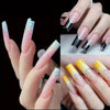 Close-up of hands displaying various reusable nail extension forms with glitter and ombre finishes.