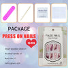 Package of false nails including press-on nails, alcohol swabs, nail file, and jelly glues