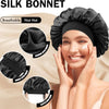 A woman wearing a black silk bonnet, demonstrating its breathable and non-hot features.