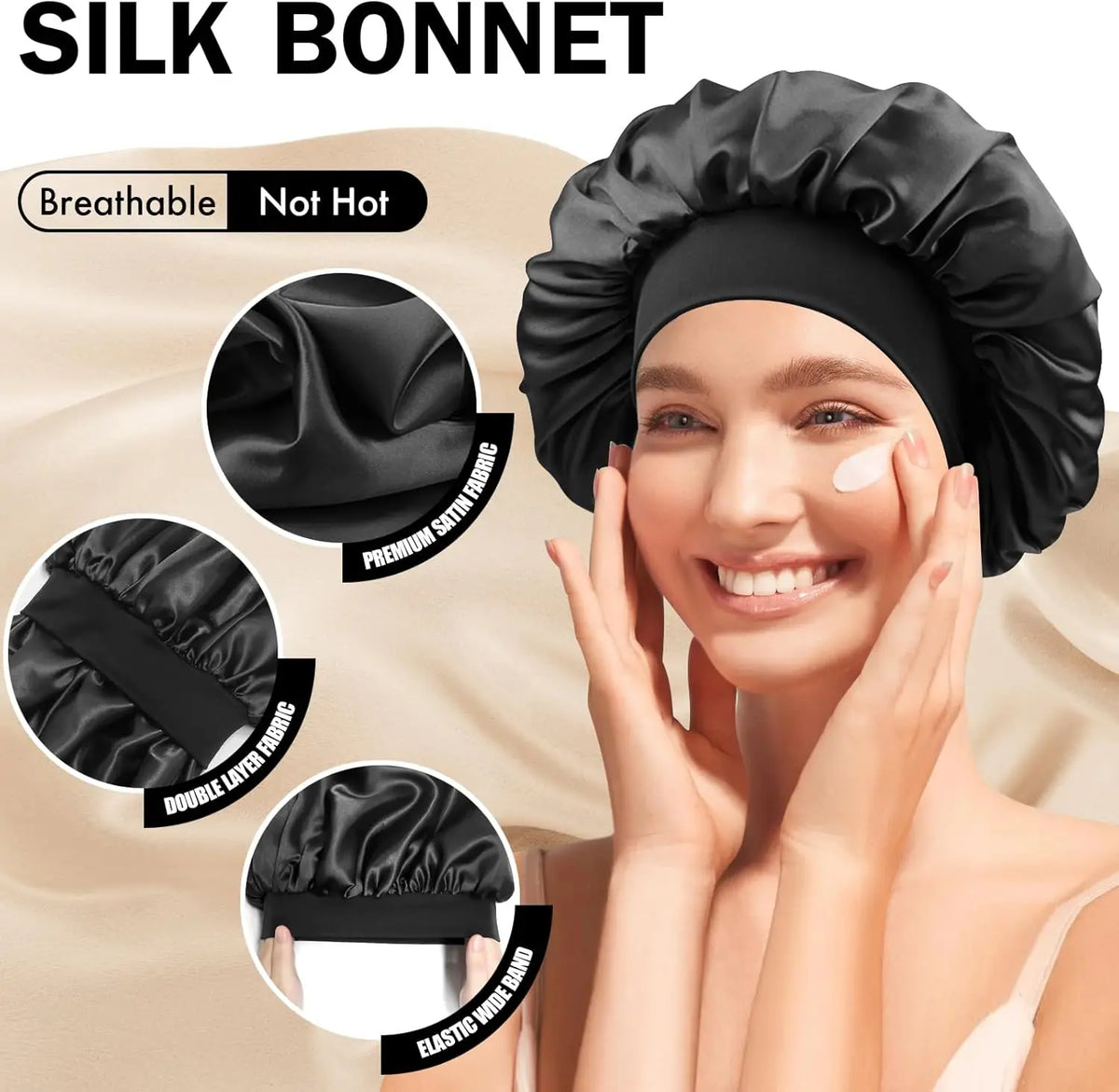 A woman wearing a black silk bonnet, demonstrating its breathable and non-hot features.