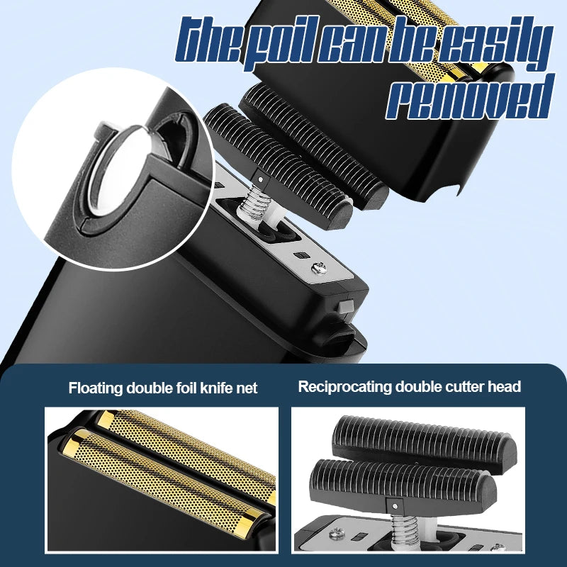 Close-up view of a black electric hair clipper and shaver set with removable foil and cutter heads.