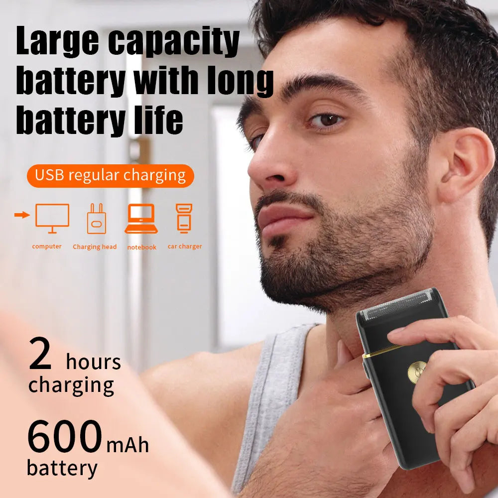 A man is holding a black cordless trimmer set against his neck, demonstrating the product's use.