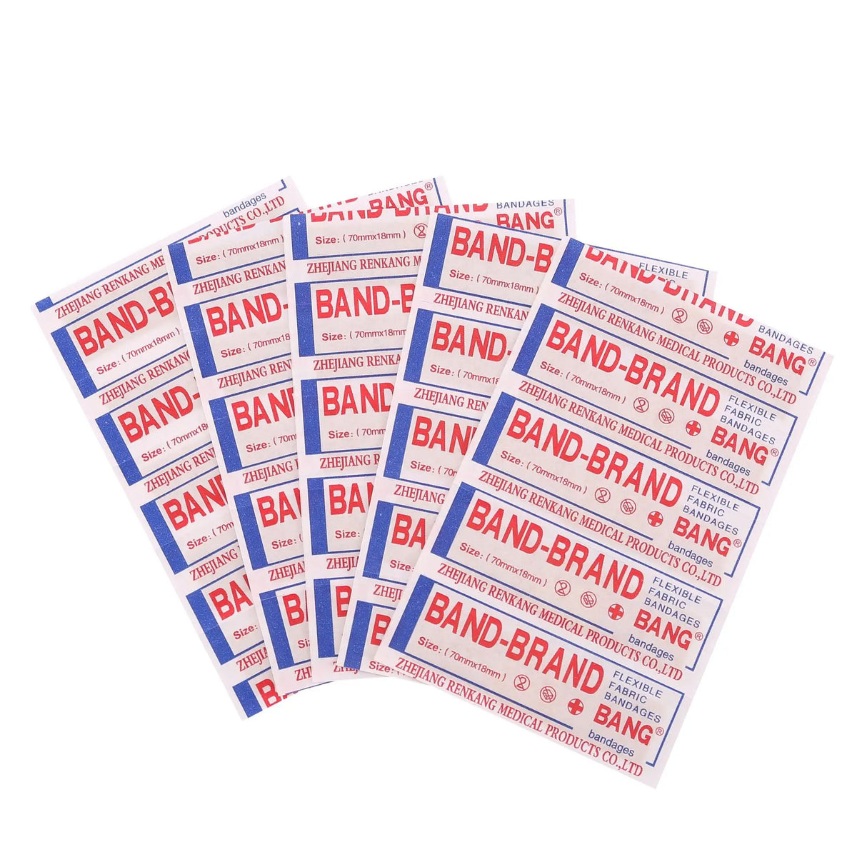 A collection of various branded medical adhesive patches in blue and white packaging.