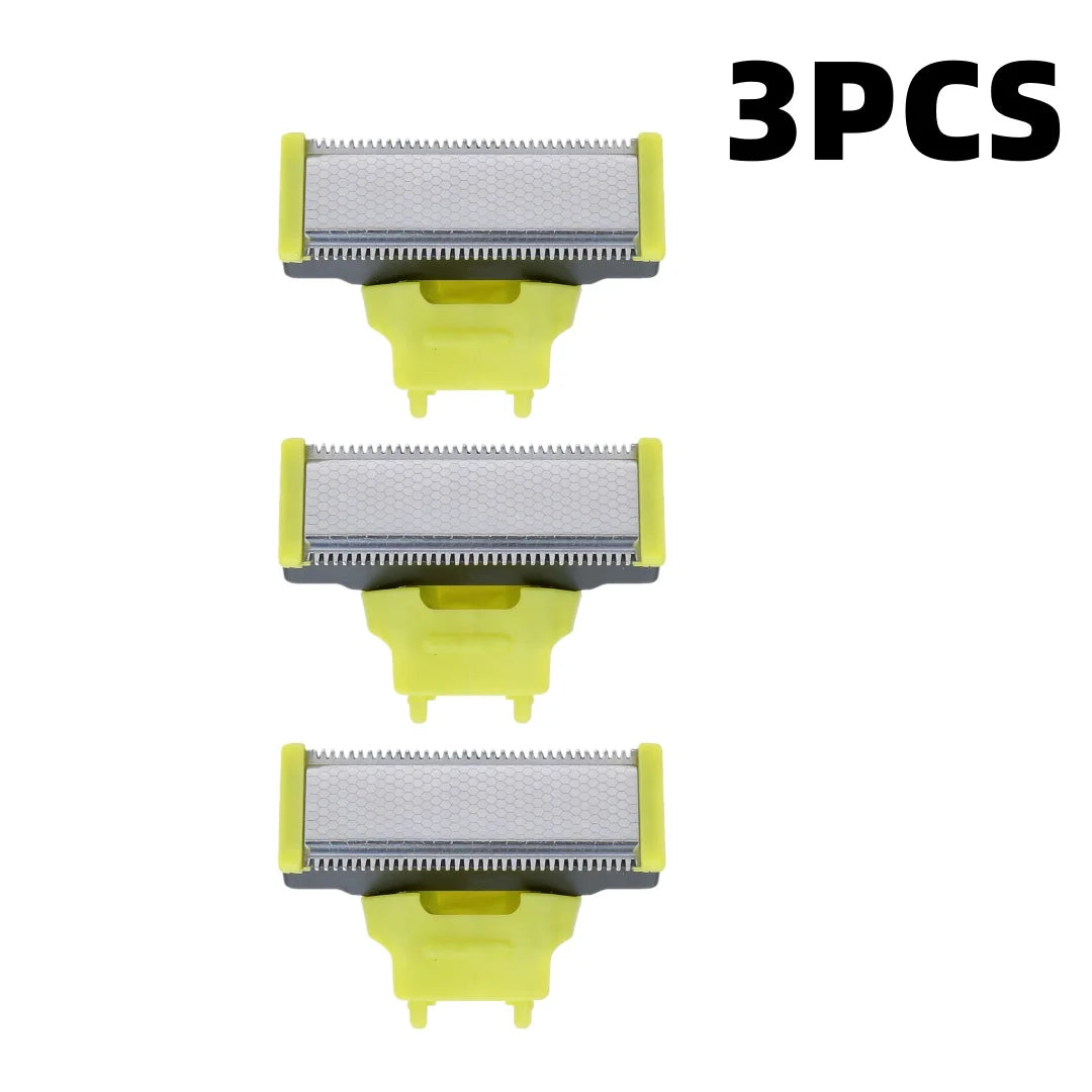 Three replacement electric shaver blades with silver and yellow plastic holders.