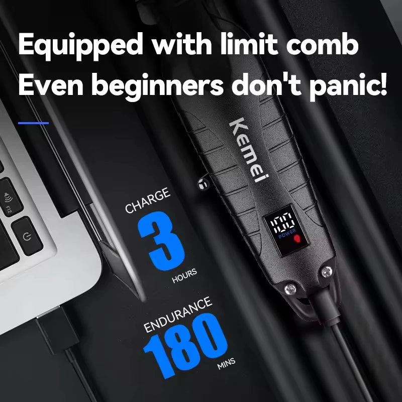 A black electric hair clipper trimmer is shown with text highlighting 3 hours of charge and 180 minutes of endurance.