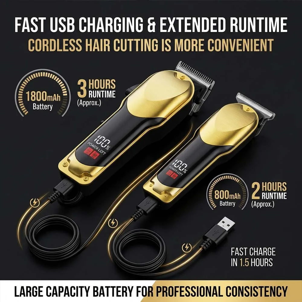 A gold and black cordless hair cutting device with a charging cable and battery is shown for fast USB charging and extended r