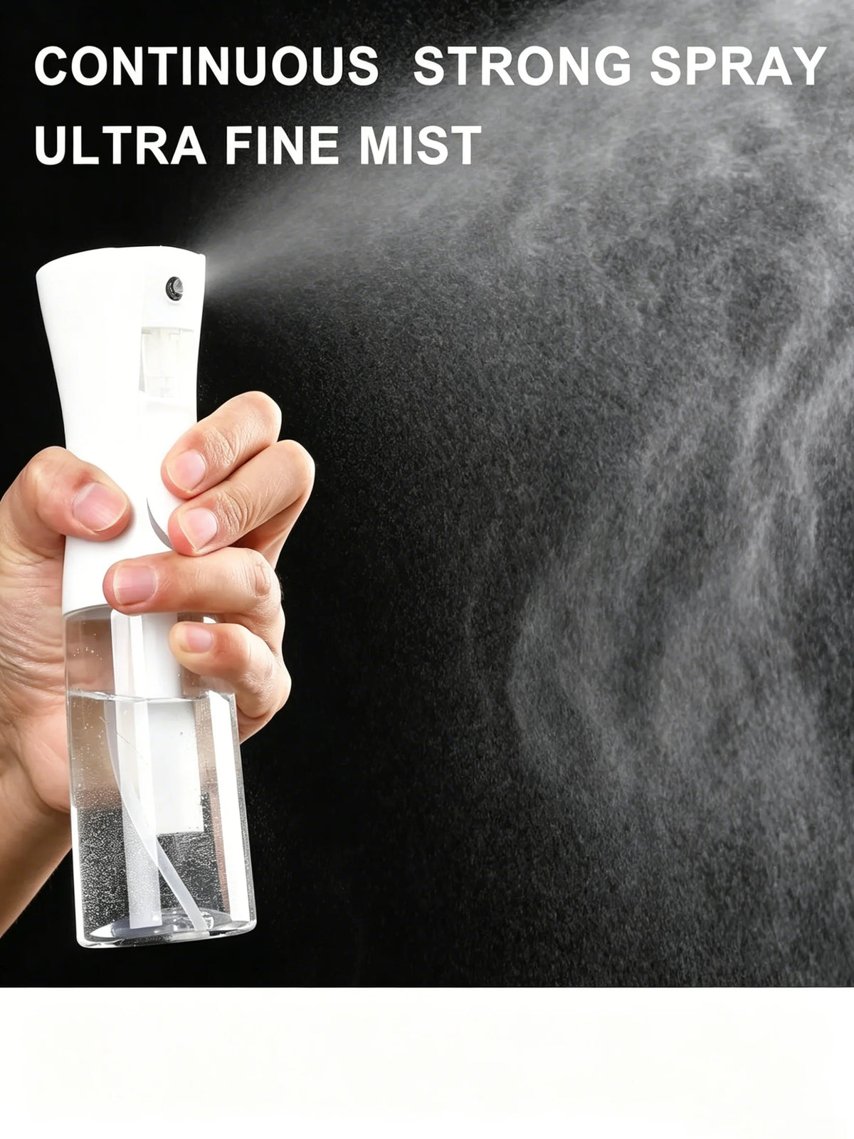 A hand holds a white mist spray bottle, demonstrating a continuous strong spray of ultra fine mist onto a dark surface.