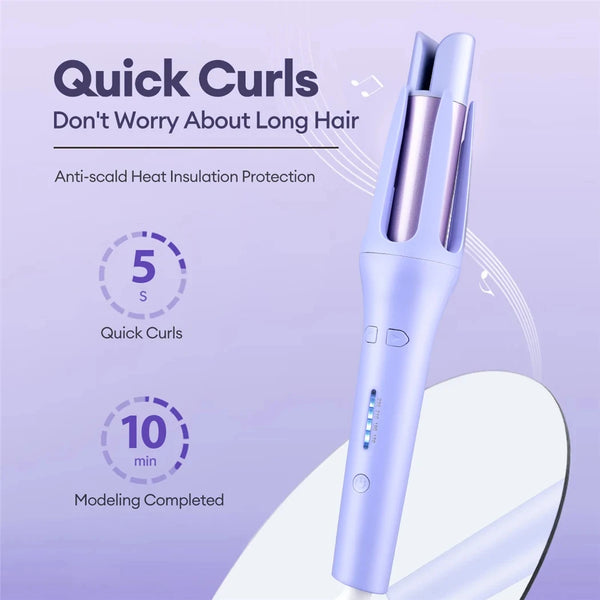 A purple professional automatic ceramic curling iron is shown, demonstrating quick curls and modeling completed in 10 minutes