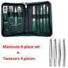 A dark green manicure set with 9 tools and 4 tweezers stored in a protective case.