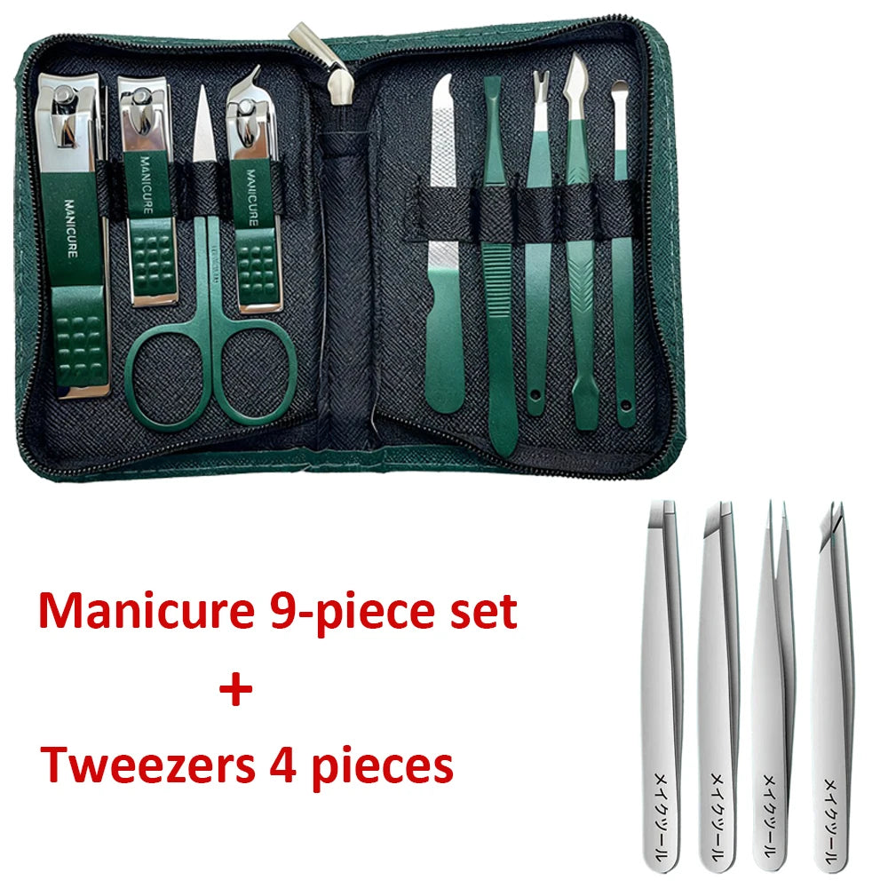 A dark green manicure set with 9 tools and 4 tweezers stored in a protective case.