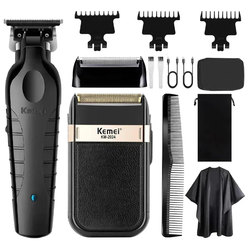 A black professional electric hair clipper trimmer kit showing various attachments and the main unit.