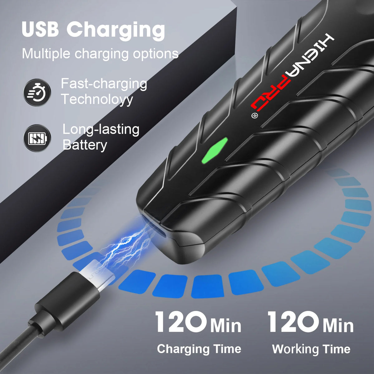 A black cordless hair trimmer is shown being charged via a USB cable, highlighting fast charging and long-lasting battery lif