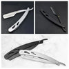 Three views of a professional stainless steel straight edge barber razor showing different angles and finishes.