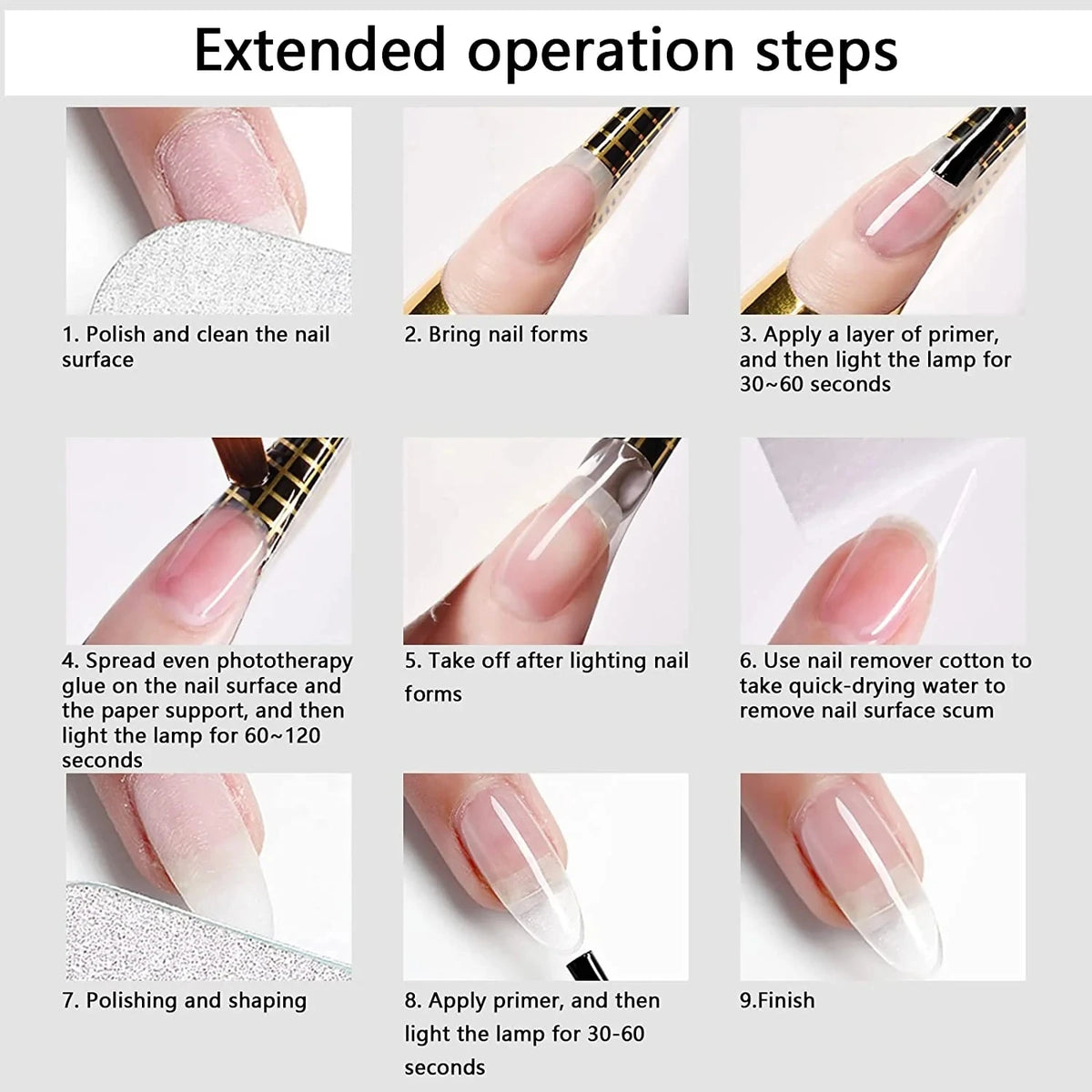 Guide étape par étape montrant l'utilisation d'un constructeur de gel à auto-nivellement pour extensions de ongles.