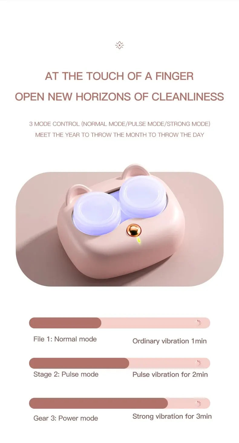 A pink contact lens cleaning case is shown with three vibration modes: Normal, Pulse, and Power.