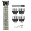 A set of professional wireless beard shaver trimmers with various guard sizes and a charging cable.
