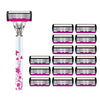A stainless steel multi-layer body hair removal razor with a pink handle and multiple shaving heads.