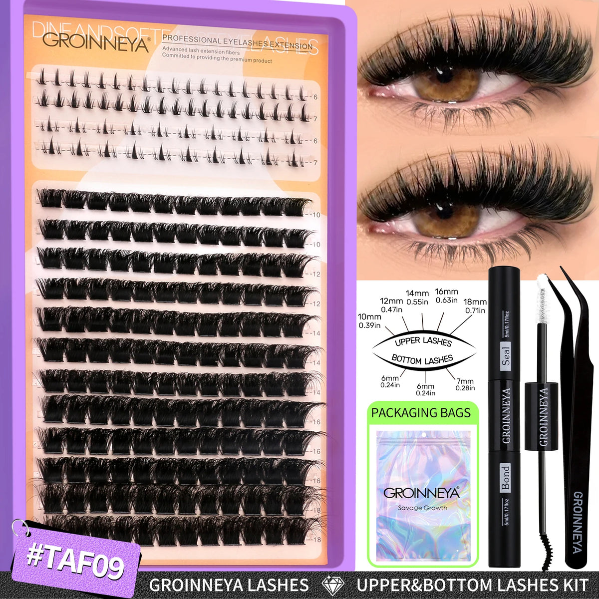 Groinneya lashes kit showing various lash styles and extension components for upper and bottom lashes