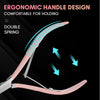 Poignée ergonomique rose d'un set de coupe-cuticules en acier inoxydable professionnel.
