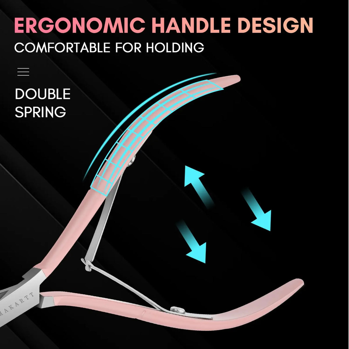 Poignée ergonomique rose d'un set de coupe-cuticules en acier inoxydable professionnel.
