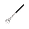 A telescoping stainless steel back massager with a black handle and a flexible hand end.