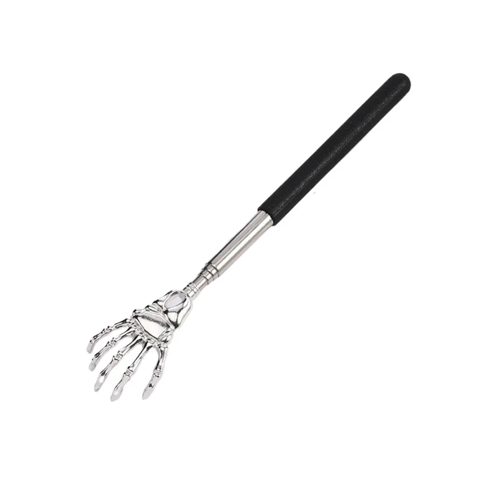 A telescoping stainless steel back massager with a black handle and a flexible hand end.
