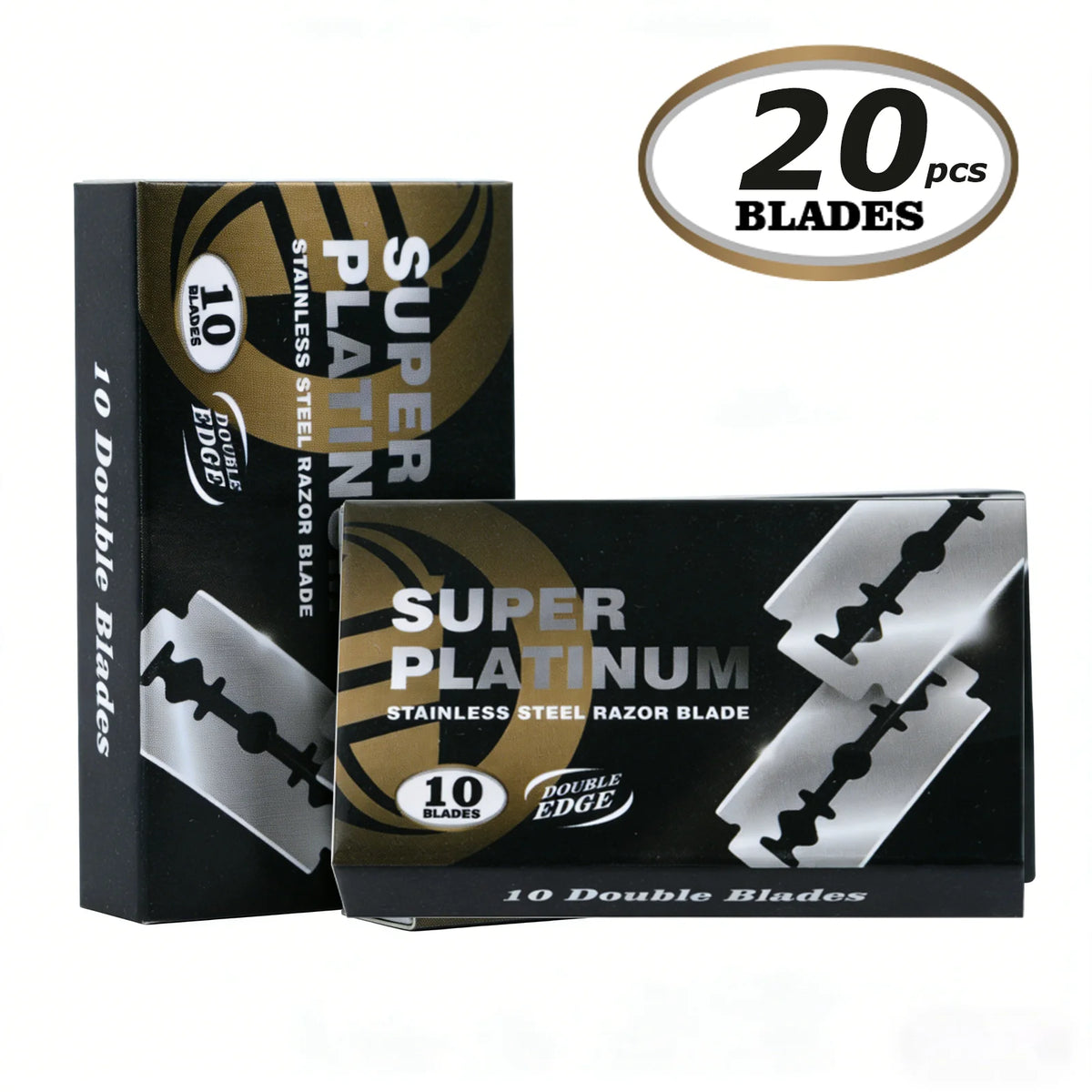 Eine Box mit 10 doppelten Klingen und ein separates Paket mit einer Super-Platin-Edelstahlklinge.