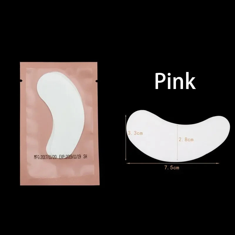 Pink under-eye lash application patches showing the product size and packaging.