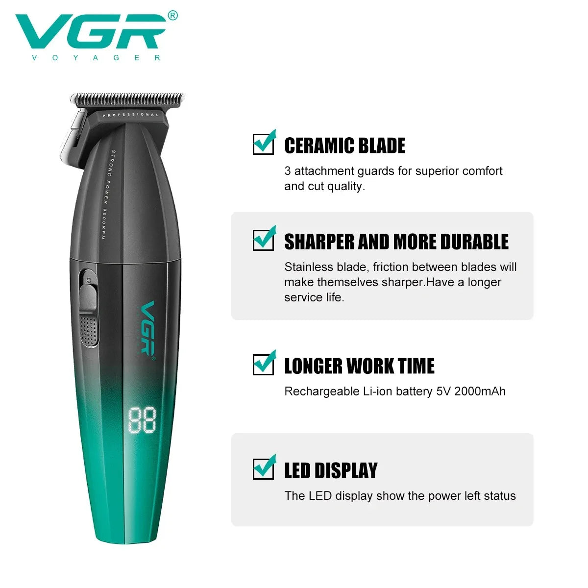A green VGR cordless hair trimmer with a ceramic blade and LED display is shown.