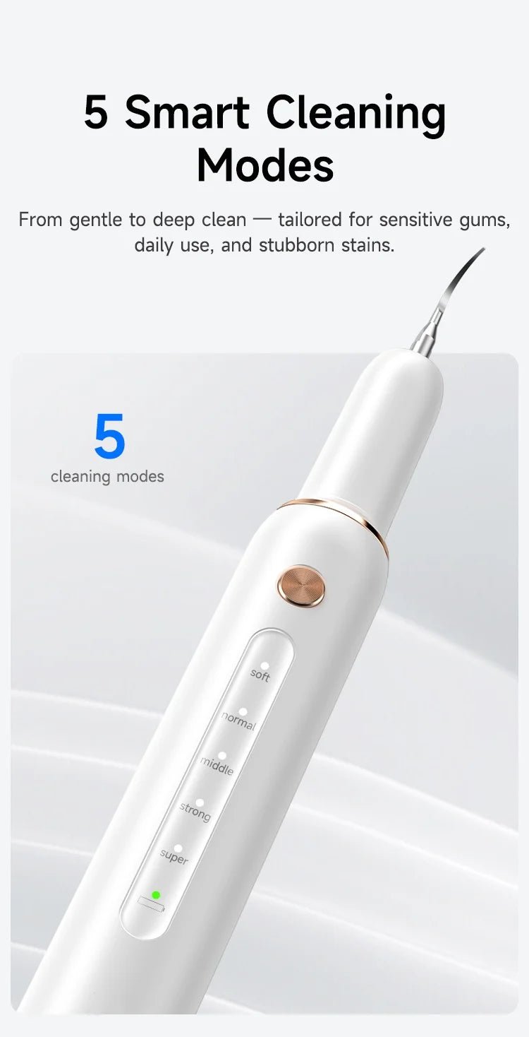 Weißer professioneller Ultraschall-Zahnscaler mit fünf Reinigungsmodi auf dem Gehäuse.