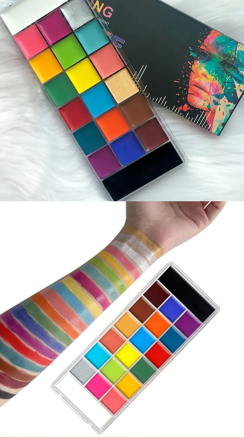 A collection of 20 vibrant, non-toxic body paint colors displayed in a palette and applied on a hand.