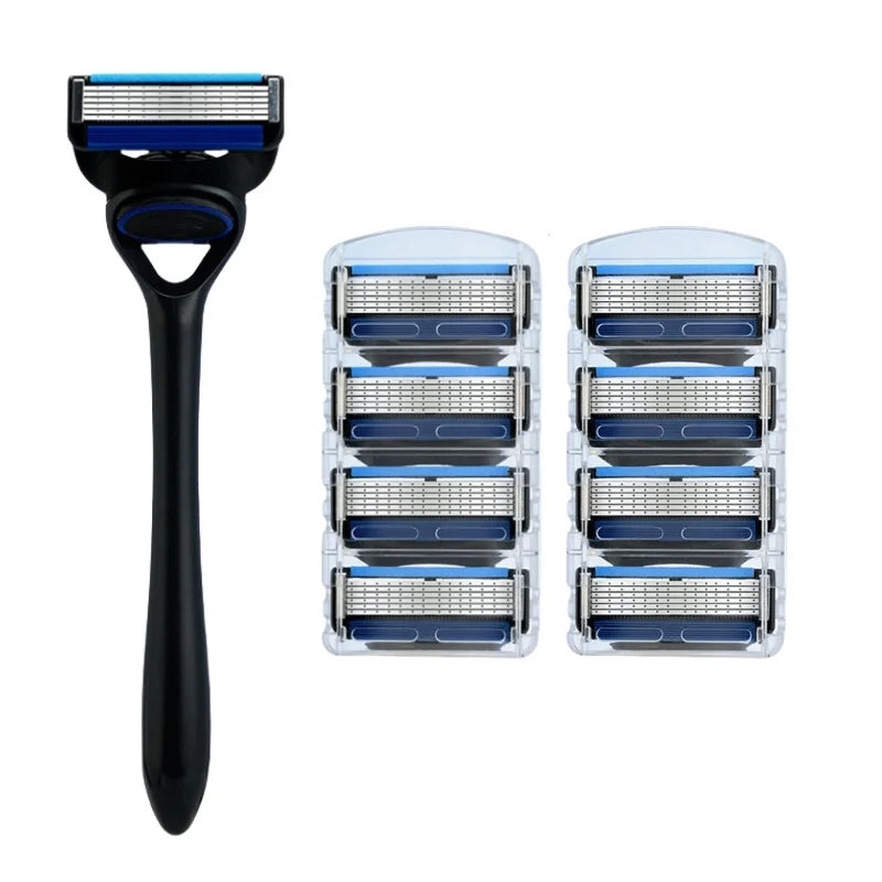 A black stainless steel safety razor with a blue handle and multiple replacement blades.