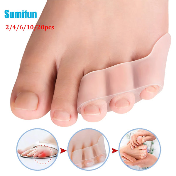 Pink silicone gel toe separators for overlapping toes and bunion relief shown on a foot.