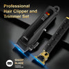 A professional hair clipper and trimmer set featuring a black body and gold accents with a sharp blade.