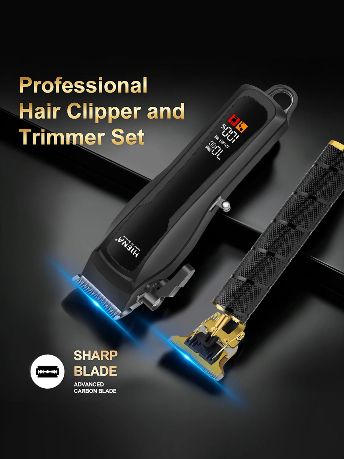 A professional hair clipper and trimmer set featuring a black body and gold accents with a sharp blade.