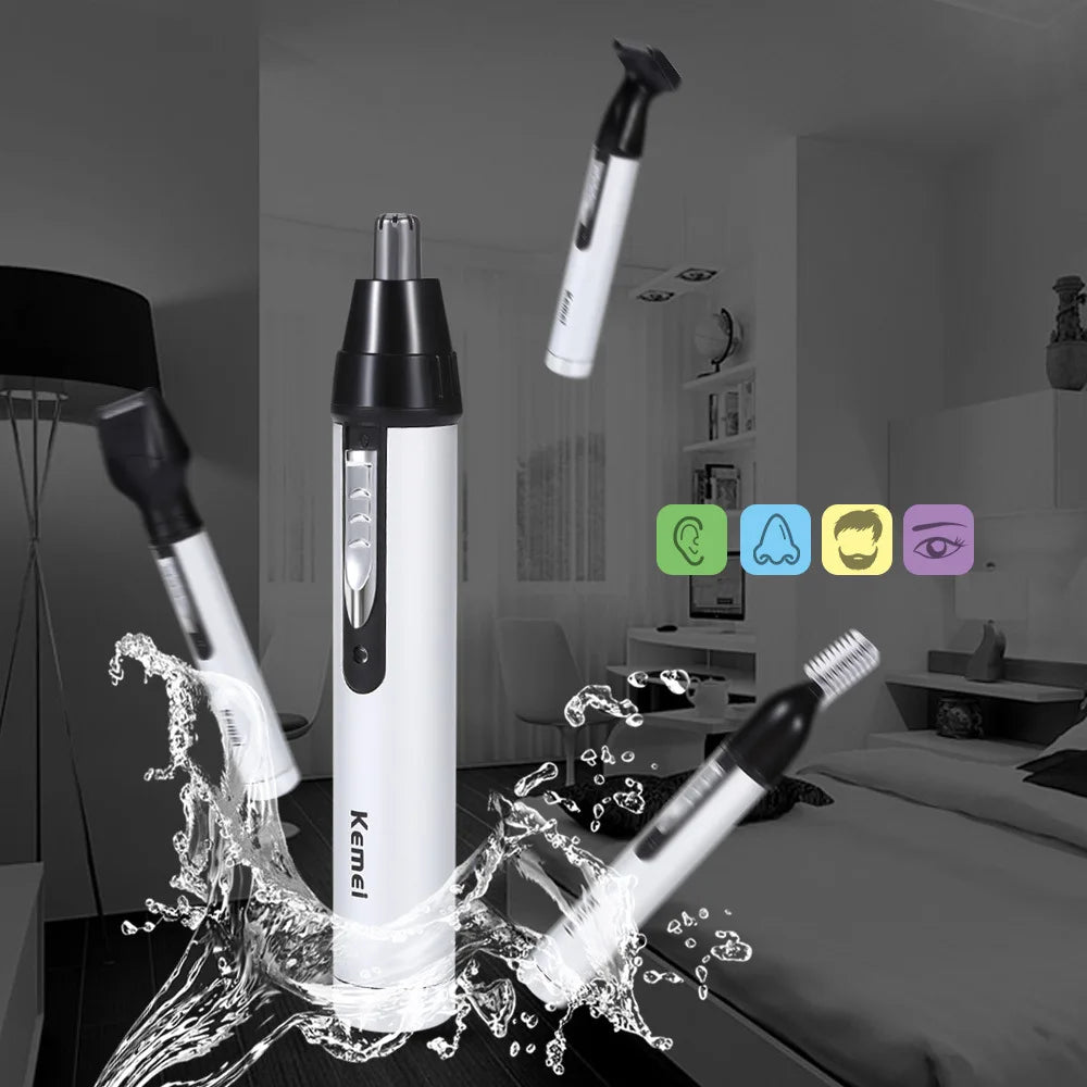 Weißes 4-in-1 wiederaufladbares Trimmer für Nase, Ohr und Augenbrauen, mit Wasser, das umherspritzt.