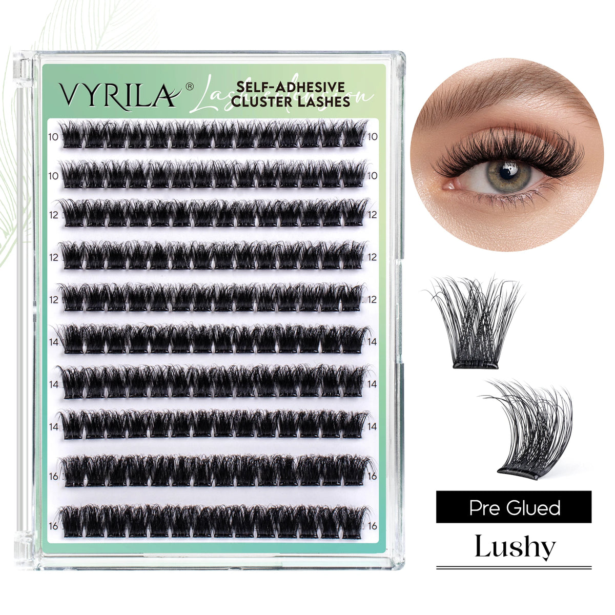 A package of Vyrila self-adhesive cluster lashes showing various lash lengths and a close-up of the finished lashes.