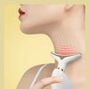 A hand holds a white electric massager device against a person's neck, demonstrating high-frequency vibration and 3D curvatur