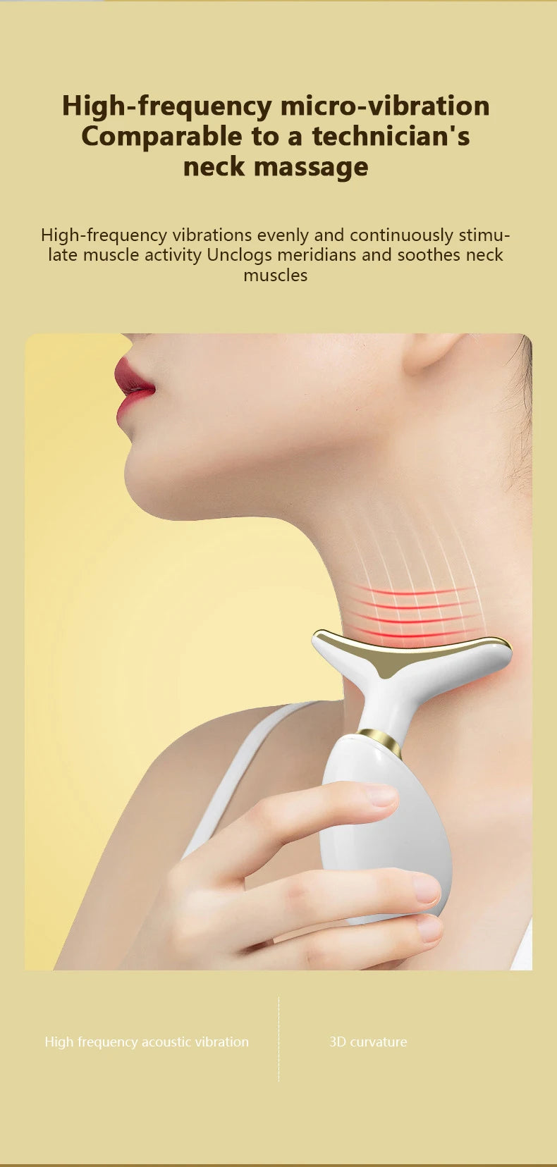 A hand holds a white electric massager device against a person's neck, demonstrating high-frequency vibration and 3D curvatur
